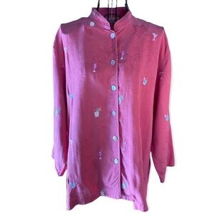 Vintage Bobby Chan Women's Pink Tropical Drink Embroidery Silk Top Size Large